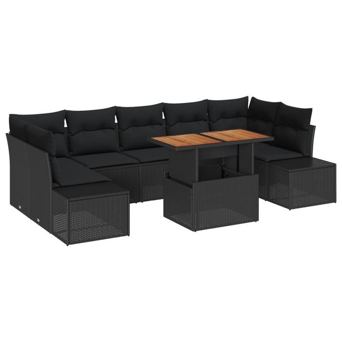 VidaXL Set de salle à manger de jardin 8 pièces avec coussins en poly rattan noir et acacia 3349932