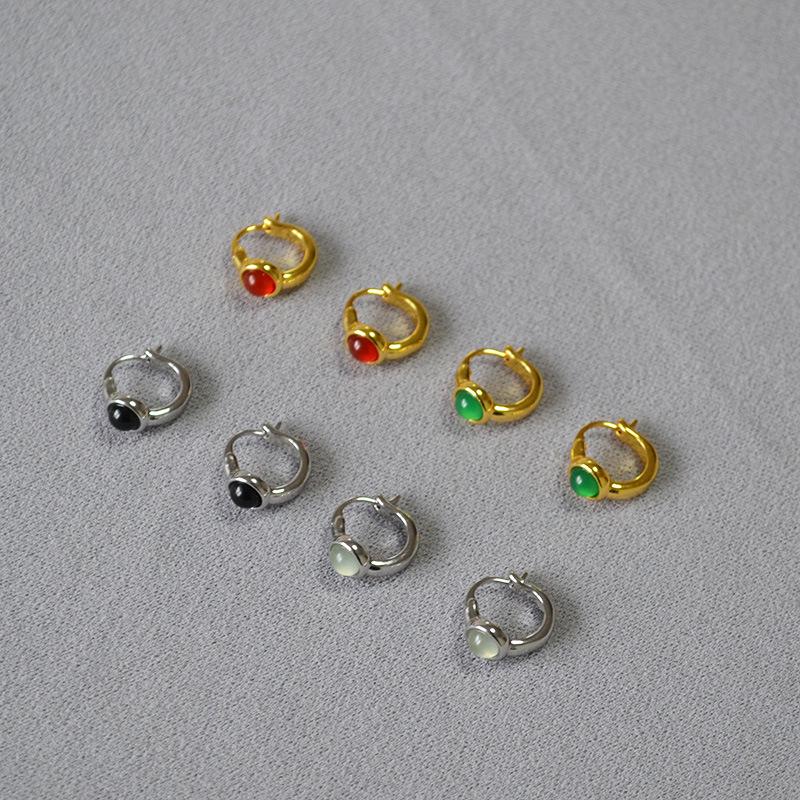 Japanese Retro Minimalist Brass Gold-Plated Agate Stone Earrings