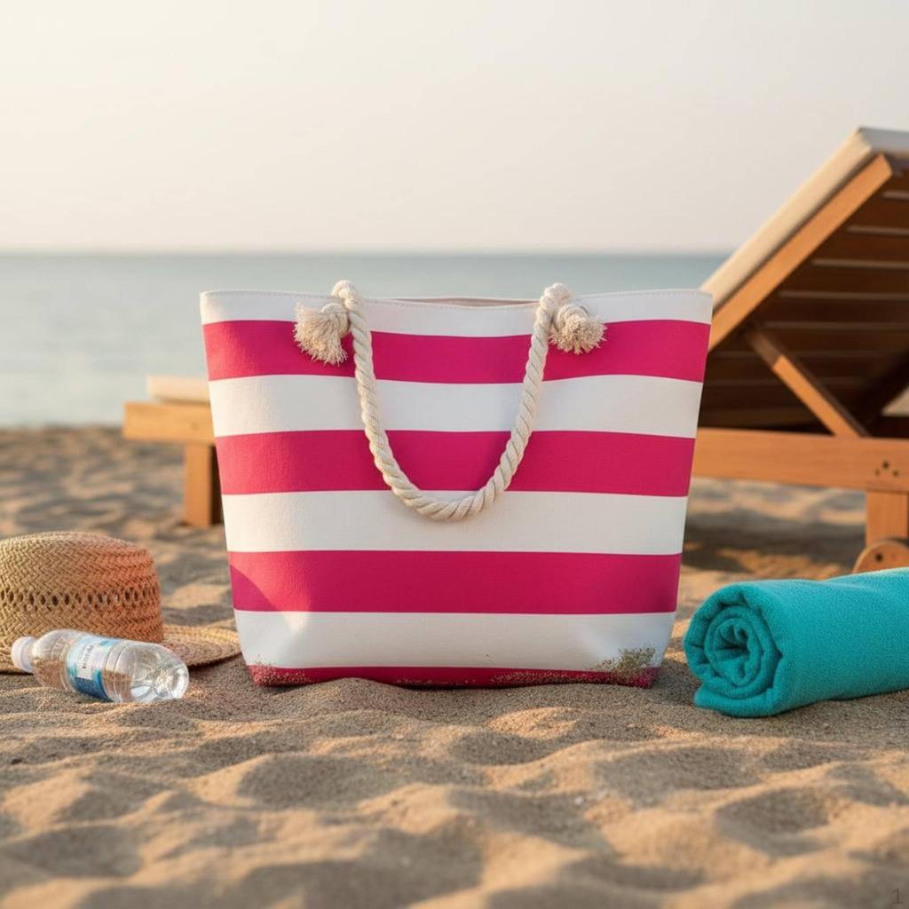 Striped Canvas Seaside Tote Inner Zipper Pocket Bag Lightweight Nautical Design