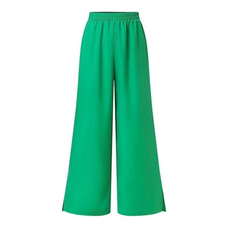 Plus Size Women's Green Linen Suit: Mid-Sleeve Shirt & High-Waisted Split-Wide-Leg Pants