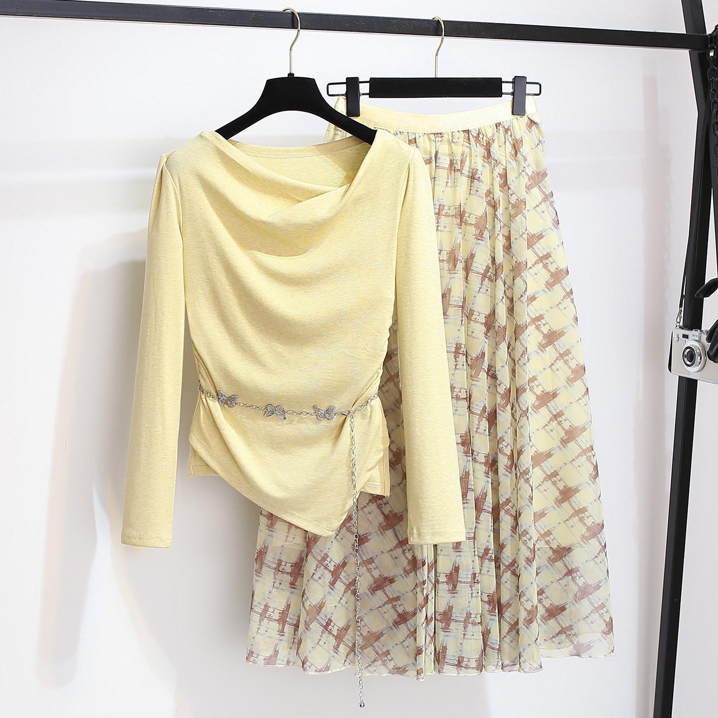 

Spring 2026 Salt Style: One-Shoulder Top & Mesh Plaid Skirt Two-Piece Set for Women S (Suggest for 85-100 kg)