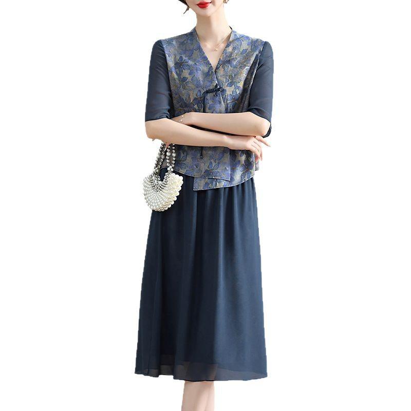 Summer Chinese-Style Blouse & Midi Skirt Set for Middle-Aged Women
