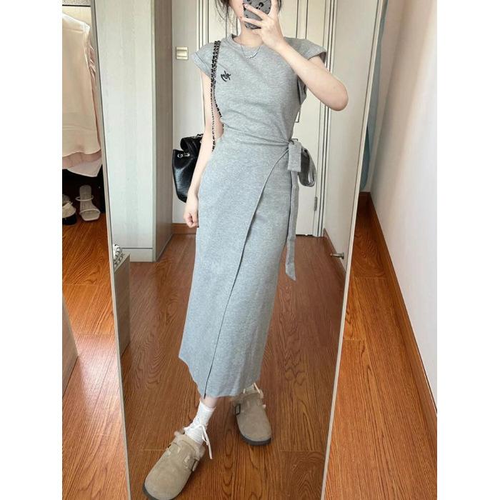 

French gray short-sleeved strap waist dress children s summer new design sense niche temperament long dress S серый