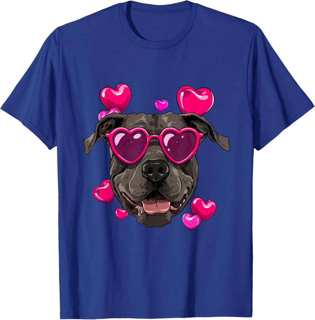 Pit Bull Dog Valentines Day Heart Sunglasses Graphic T-Shirt Soft Cotton Casual Tee