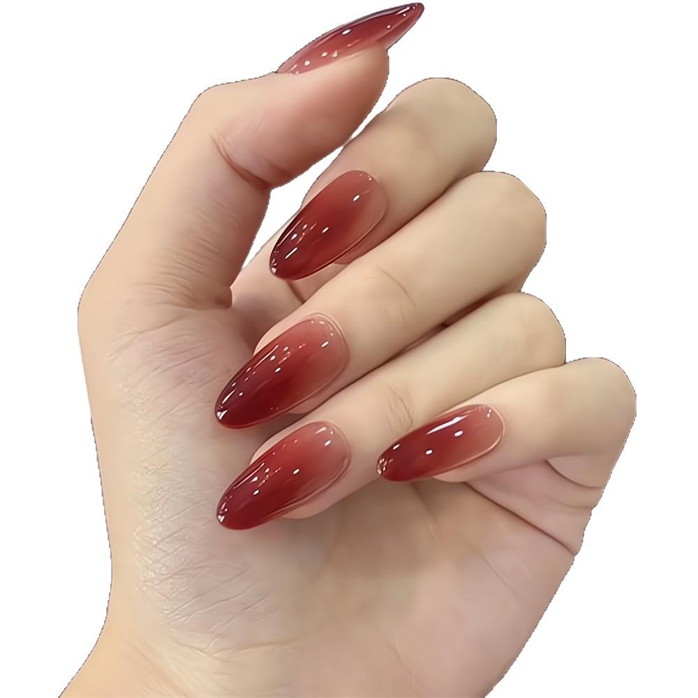 Luxury Wine Red Oval Medium Wearable Nude Gradient Aurora Nail Art Tips