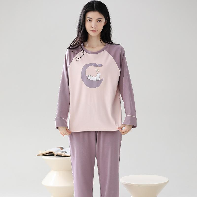 Cotton Pajamas Set Women Loose Fit Sleepwear Long Sleeve Two-Piece Loungewear Home Wear Comfortable Outfit Plus Size Options Breathable Fabric