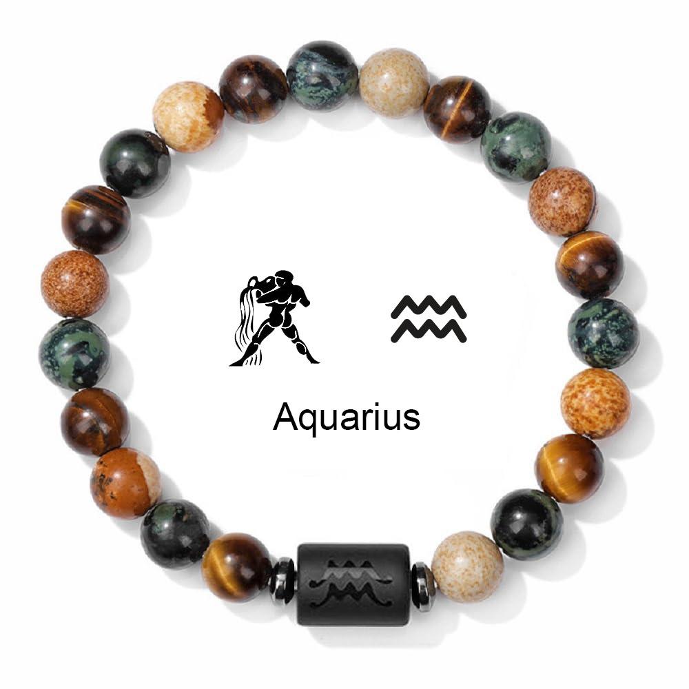 Natural Stone Tiger Eye Picture Jasper Round Beads 12 Constellation Bracelet for Men and Women Zodiac Signs Bracelet Aries