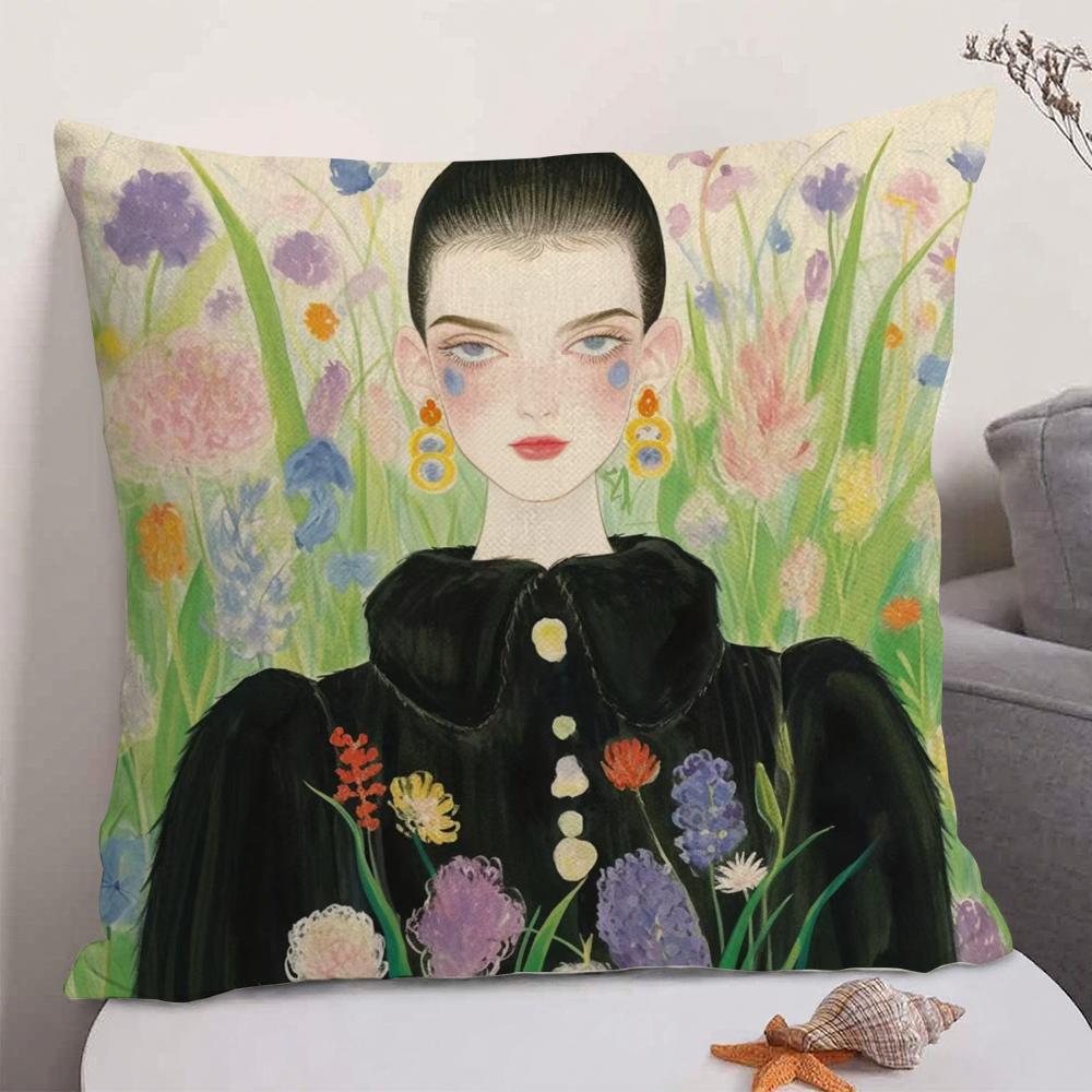 1PC Fashion Illustration Cushion Cover Natural Linen Organic Fabric DoubleSided Printing Sofa Home Decor Gift Pillow Case