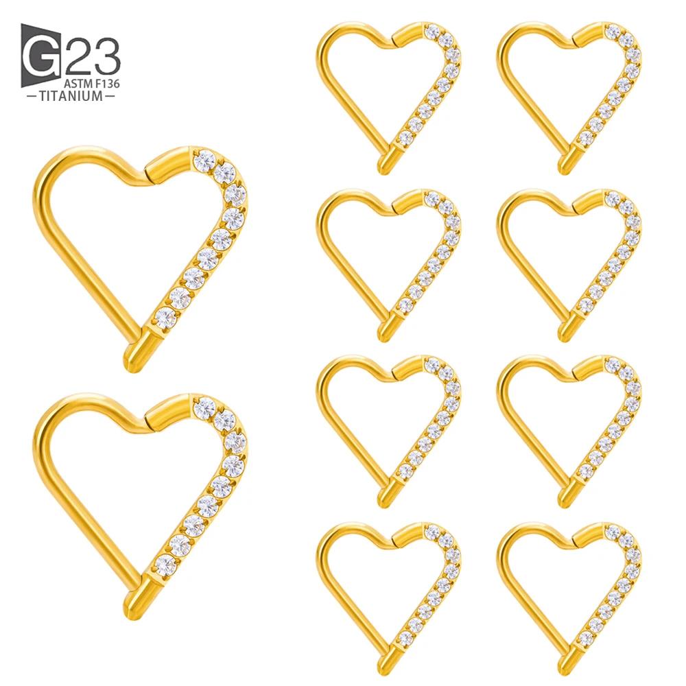 10Pc ASTM F136 Titanium Daith Heart Earring Hoop Cartilage Tragus Helix Rings Hinged Segment Hoop with Clear CZ