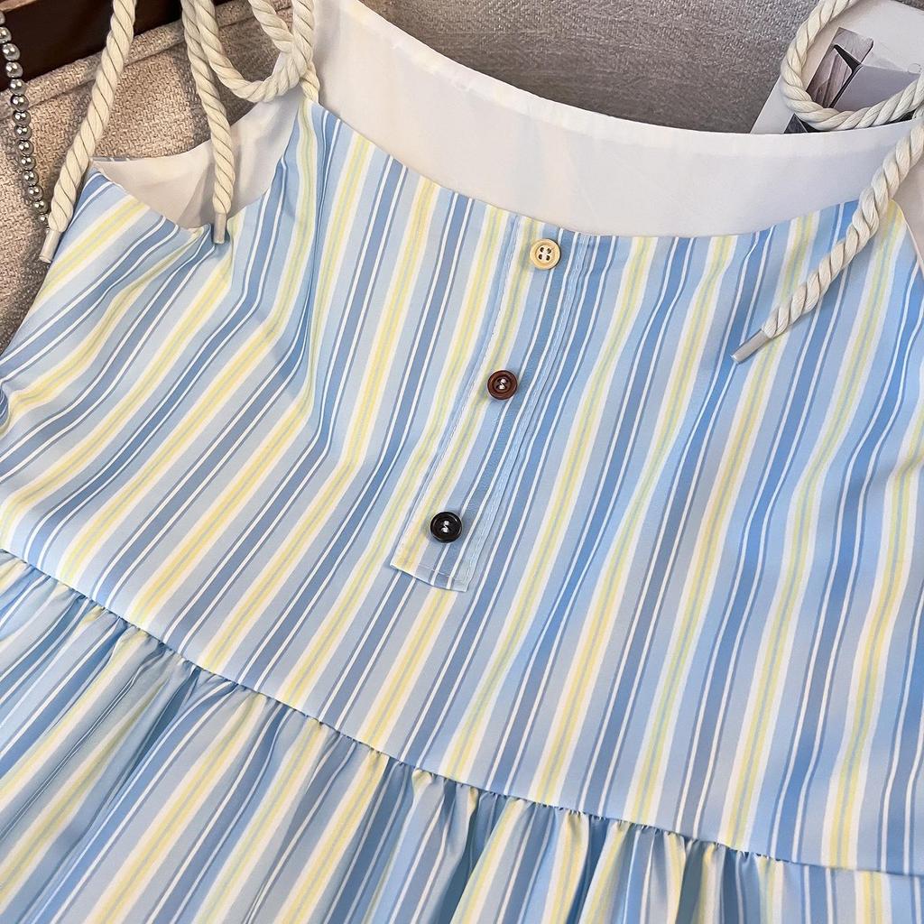 2025 Women's Summer Seaside Striped Spaghetti Strap Long Dress - French Style