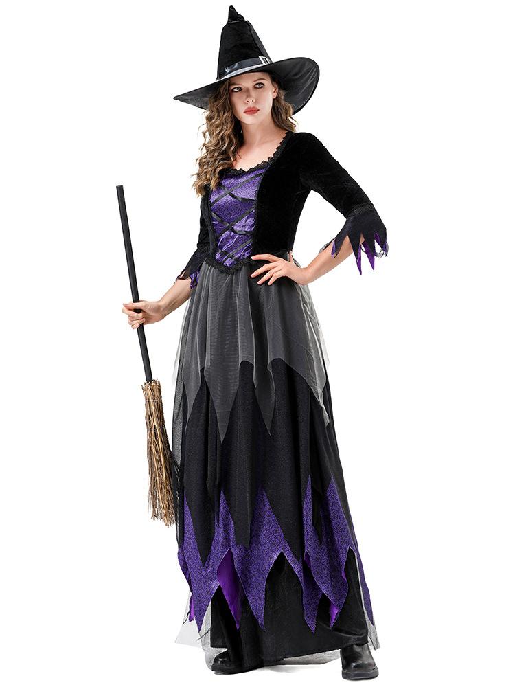 Halloween Witch Costume Vampire Black Purple Magic Dress Cosplay Stage Outfit Gothic Role Play Gown