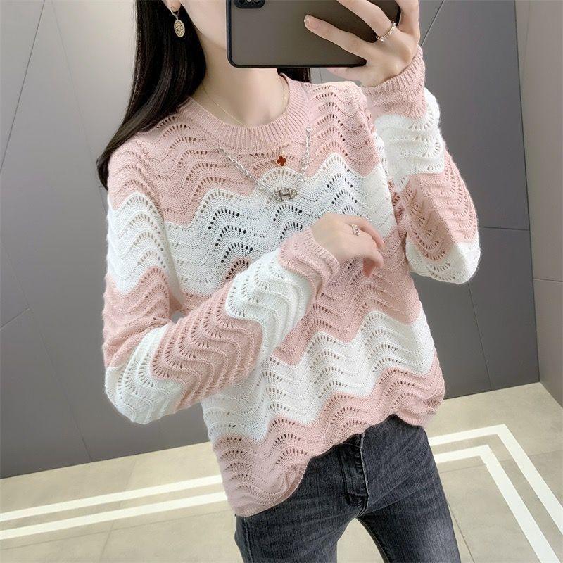 

Вязаный свитер в полоску с волнистым узором и круглым вырезом для женщин, свободная верхняя одежда для женщин 3XL розовый