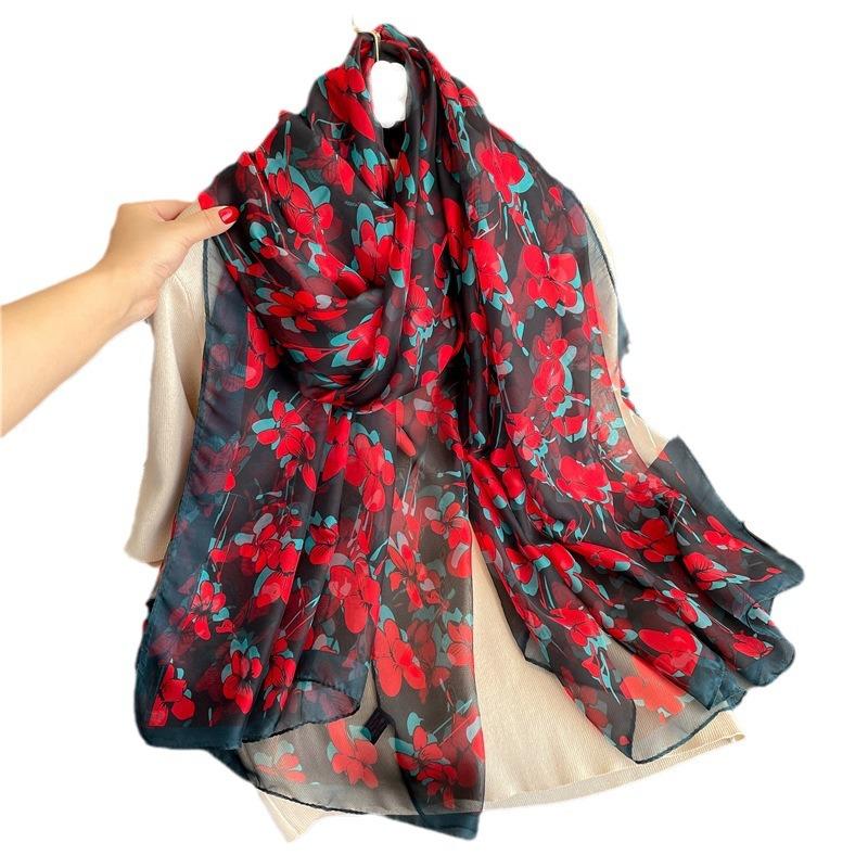 Sunscreen Light Luxury Temperament Flower Simulation Silk Pattern Scarf Silk Scarf Commuting Large Shawl Soft Yarn Scarf Women Large Size