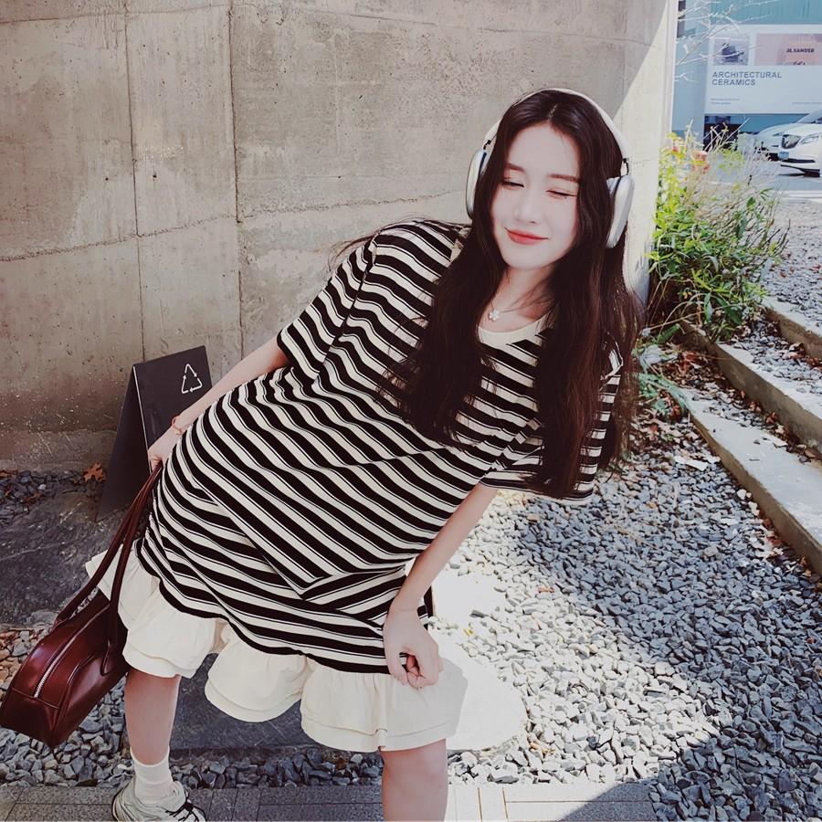 Striped Ruffle Edge Dress Women's Summer Super Fire Korean Age Reduction Super Good-looking Sweet Little T-shirt Skirt