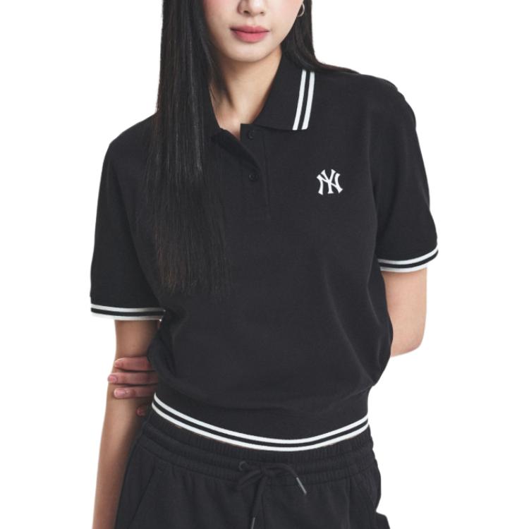MLB New York Yankees Logo Striped Button Short Sleeve Summer Breathable Polo Shirt Women Tops Black 3FPQB0253-50BKS
