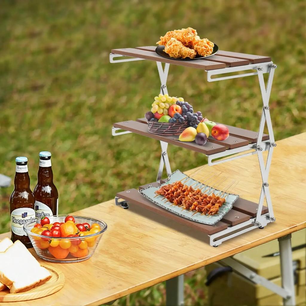 3-Tier Foldable Camping Table Storage Rack Kitchen Storage Shelf Multi-Function Storage Shelf for Picnic,Beach,Fishing, BBQ