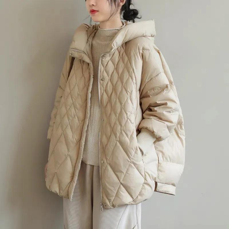 Women Light White Duck Down Jacket Casual Loose Over Size Autumn Winter Outwear with Hood Coat