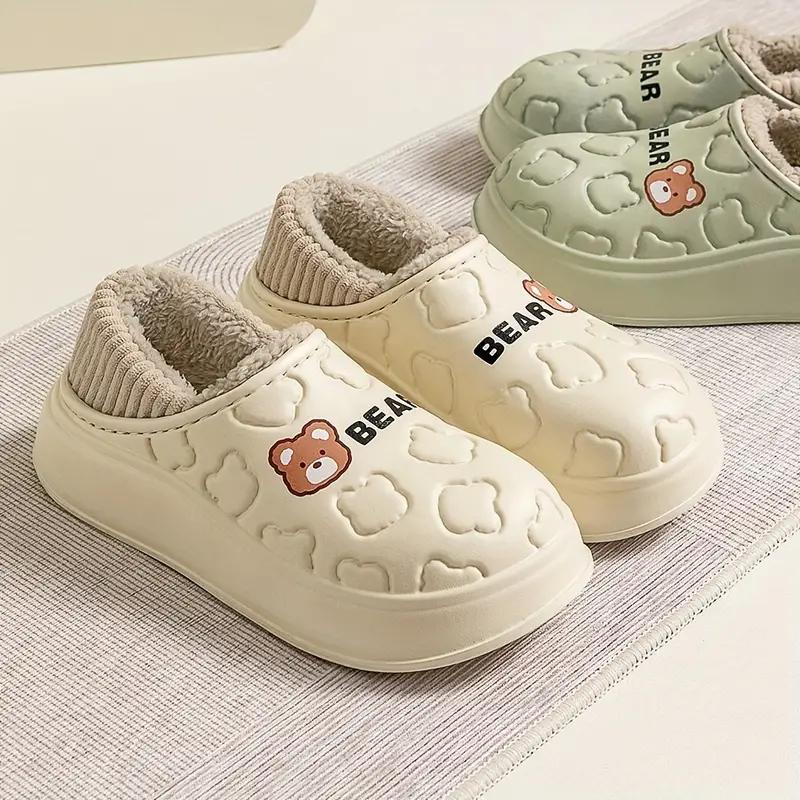 Mit Plüsch gefütterte Hausschuhe mit Cartoon-Bär für Damen, wasserdichte Hausschuhe, modische Hausschuhe für drinnen und draußen mit weicher EVA-Sohle