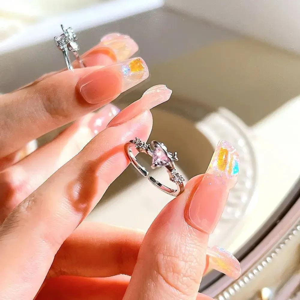 Adjustable Crystal Rings Y2K Pink Irregular Geometry Vintage Bowknot Heart Ring Set for Women Girl 2023 New Fashion Jewelry Gift