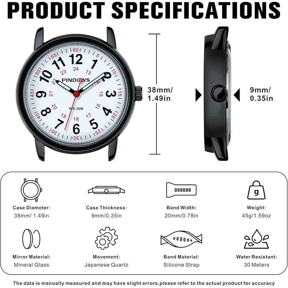 PINDOWS Women's Analog Quartz Watch Unisex Military Time Display 30m Water Resistant Luminous Dial