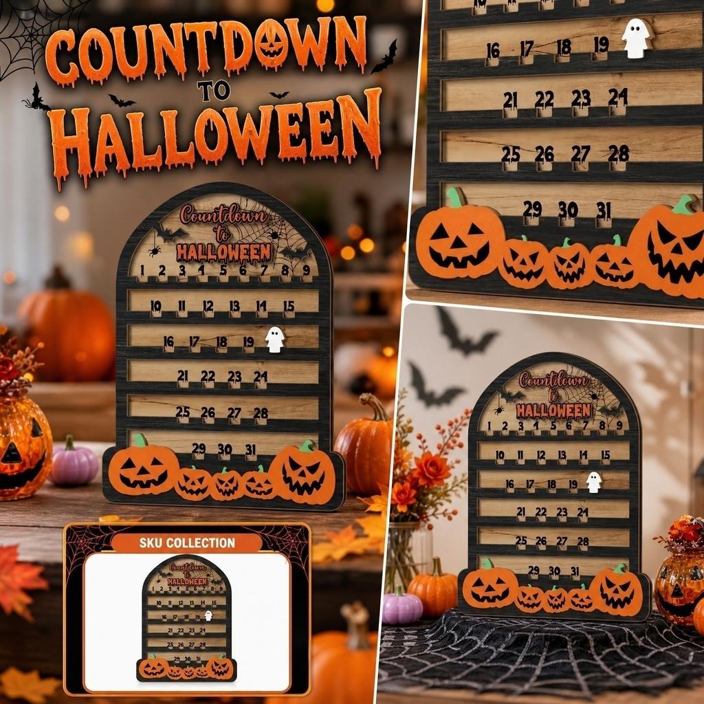 Halloween Countdown Calendar Wooden Board with Pumpkin and Ghost Design Reusable Decorative Holiday Countdown Display for Home Office School Party