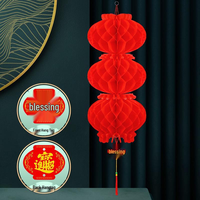 Foldable Thickened Plastic Paper Lanterns - Festive Small Red Honeycomb String for Wedding and New Year Decorations.