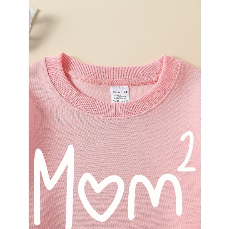 European Sizes Girls' Long-Sleeve Round Neck Sweatshirt "Mom Love" Print, Spring/Autumn, Casual, Daily & Sports.