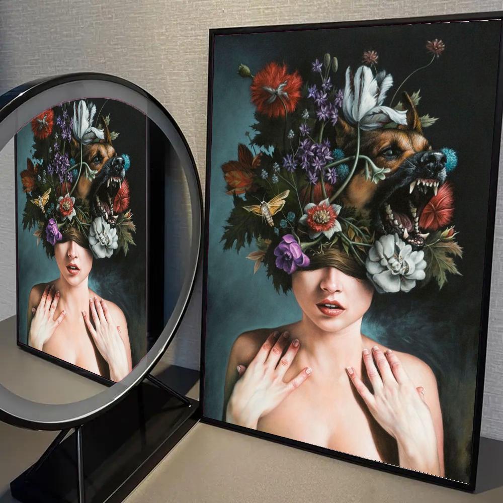 Nordic Bohemian Glasses Woman with Flowers Canvas Poster Bird Woman Portrait Wall Art Prints for Living Room Bedroom Home Decor