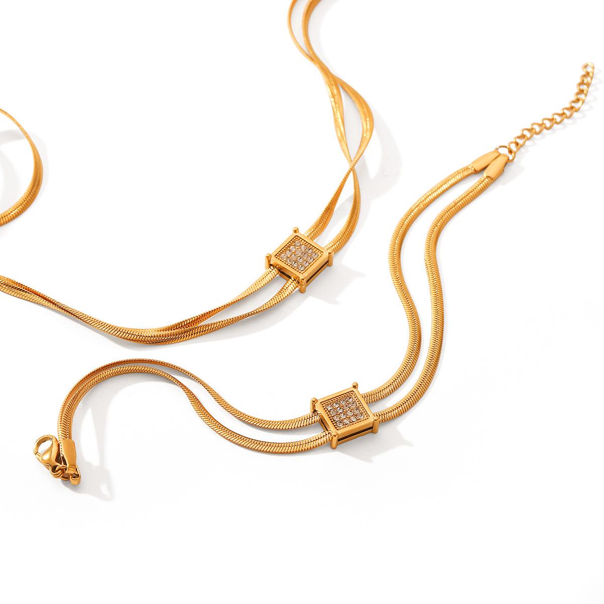 

Double-layer snake chain necklace with square stainless steel pendant and diamond inlay, women s bracelet, fade-resistant