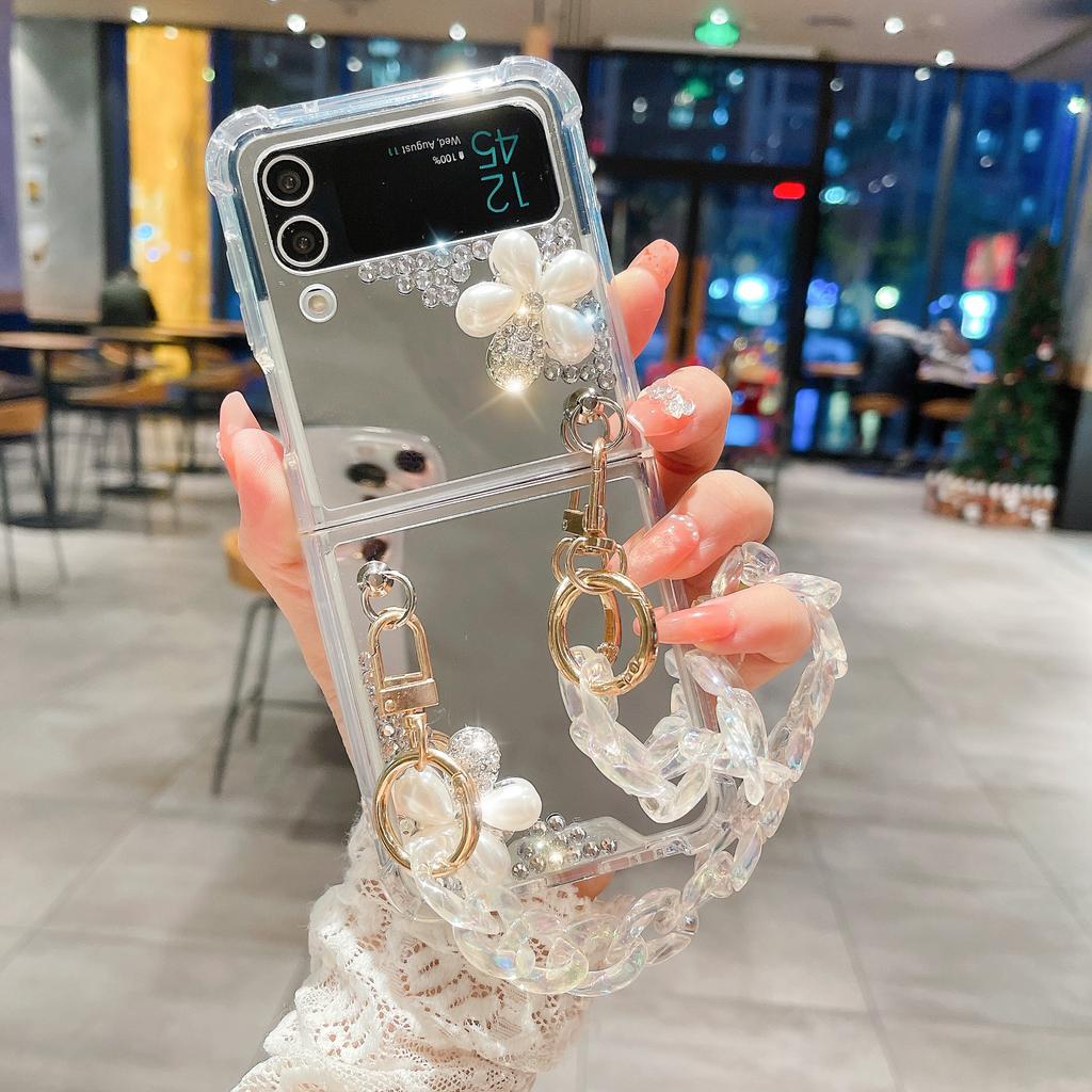 Applicable To Samsung Zflip4 Mobile Phone Case, Rhinestone Mirror Diagonal Flower Zflip3 Bracelet All-inclusive Women's Folding Protective Case