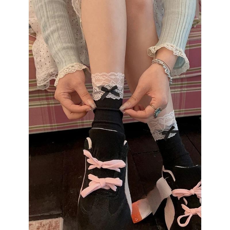 

Носки Лолита в балетном стиле, Кружево, Милые женские носки до середины икры, Универсальный бант, Хлопковые носки, Махровые носки 1 pair чёрный