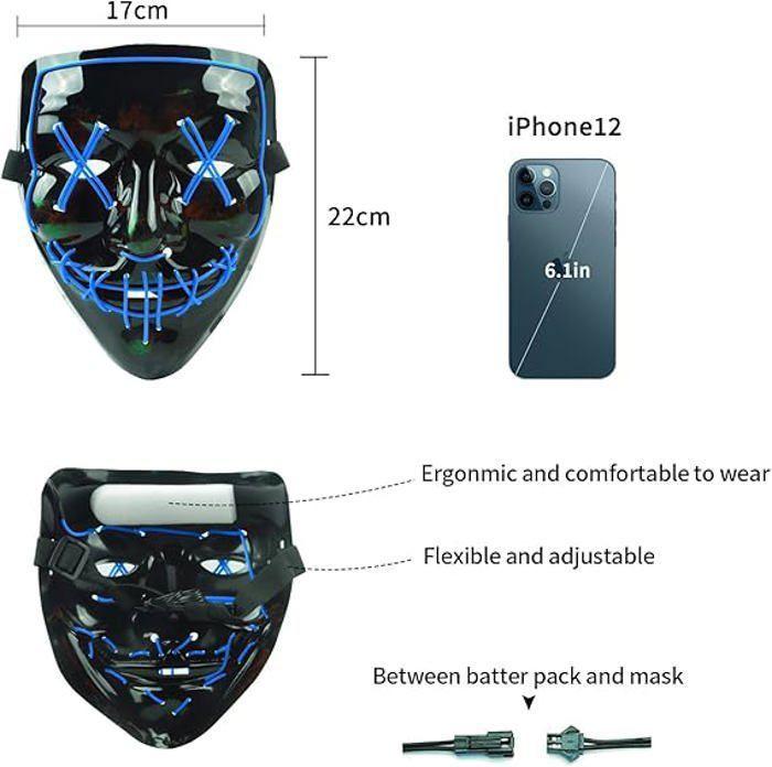 LED Halloween Masque, Upgrade LED Purge Mask Lumineux Dans le Noir, Masque d'horreur avec 3 Modes d'éclairage pour Halloween,Bleu