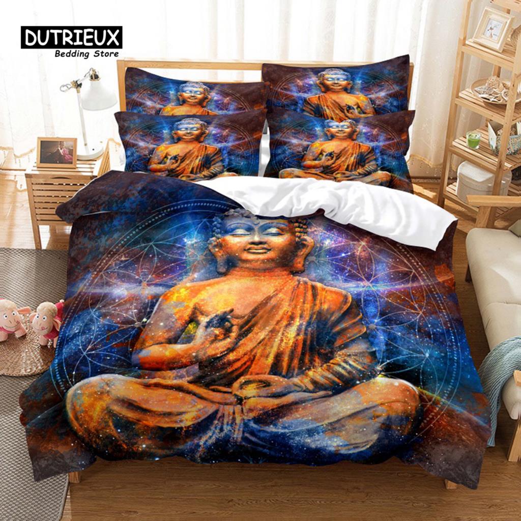Buddhism Bedding Set, 3Pcs Duvet Cover Set, Soft Comfortable Breathable Duvet Cover, For Bedroom Guest Room Decor