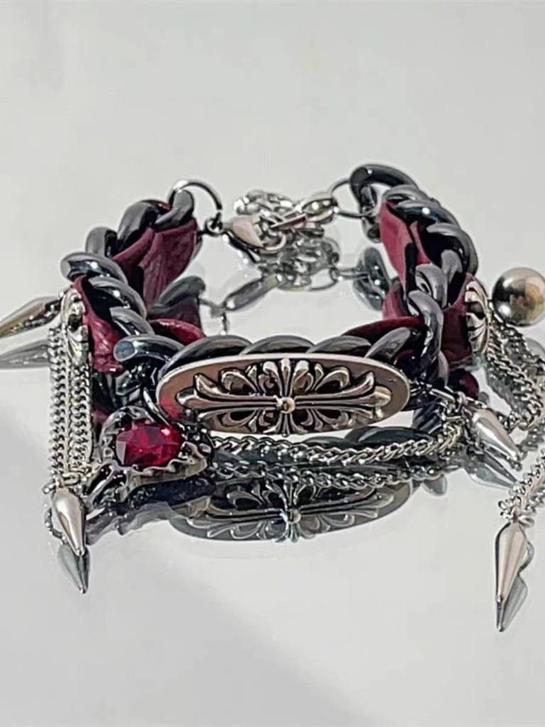 Y2k Gothic Punk Red Leather Bracelet Alloy Electroplated For Men And Women