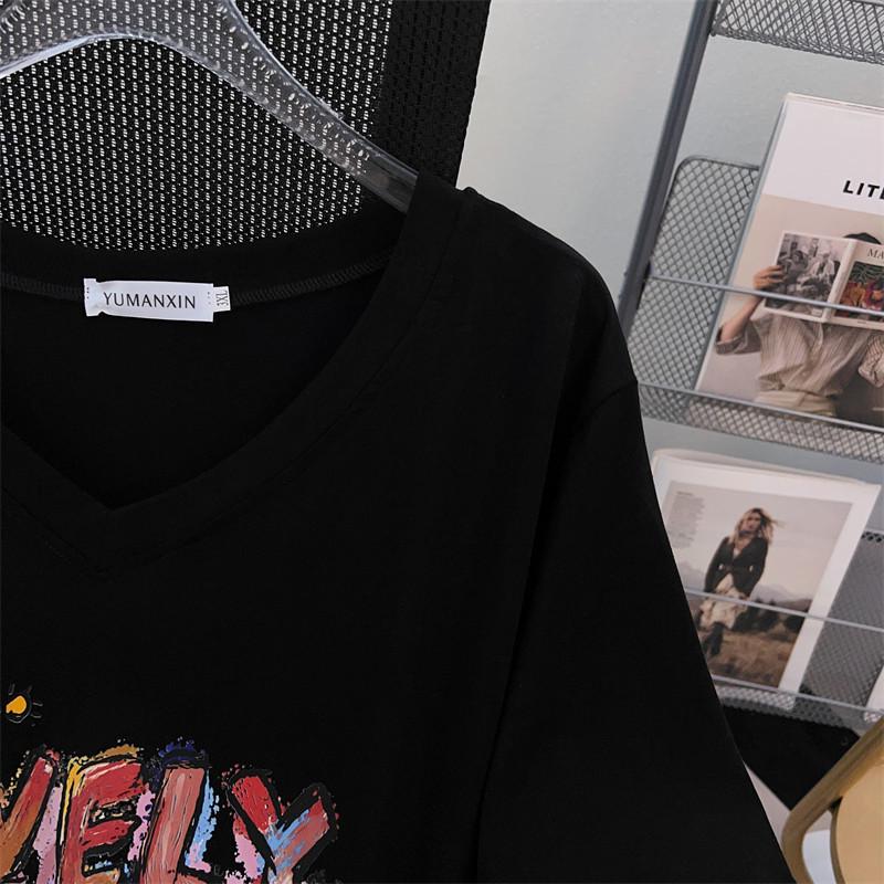 Plus Size V-Neck Slimming Mid-Length Loose T-Shirt for Women, Short-Sleeved, Covers Belly, Available In 200/300/350 Jin.