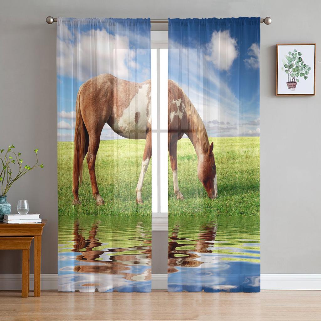 Animal Horse Watercolor Painting Tulle Curtains for Living Room Bedroom Decoration Chiffon Sheer Voile Kitchen Window Curtain