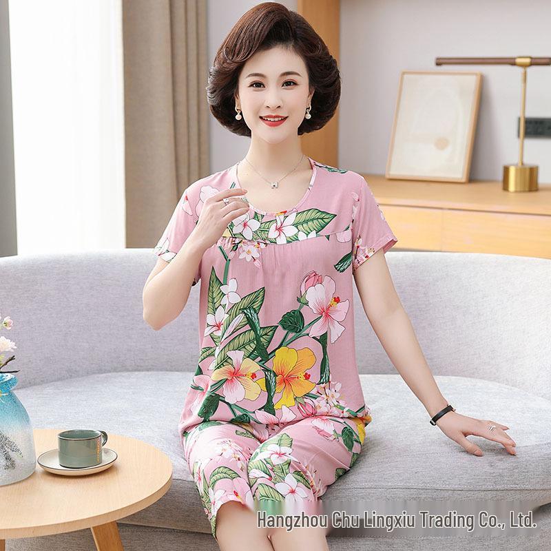 Women's Plus Size Summer Cotton Pajama Set for Middle-Aged & Elderly - Short-Sleeved Homewear Suitable for Outdoor Wear