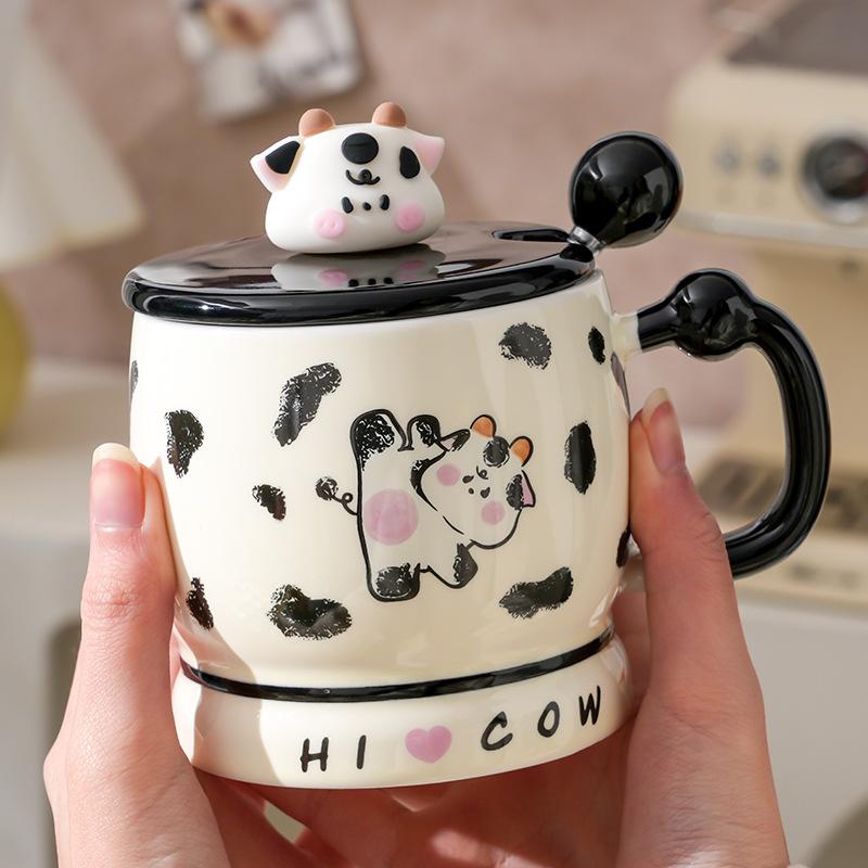 Cute Girl Heart Cow Mug With Lid Office Water Cup Girl High Value Household Coffee Cup Ceramic Cup