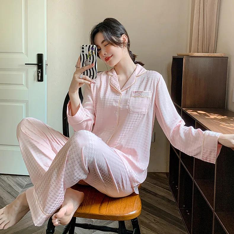 

Пижамный комплект для женщин Ice Silk с длинными рукавами, роскошная домашняя одежда, пижамы с рисунком «гусиная лапка», домашняя одежда, женские пижамы на осень и зиму XXL