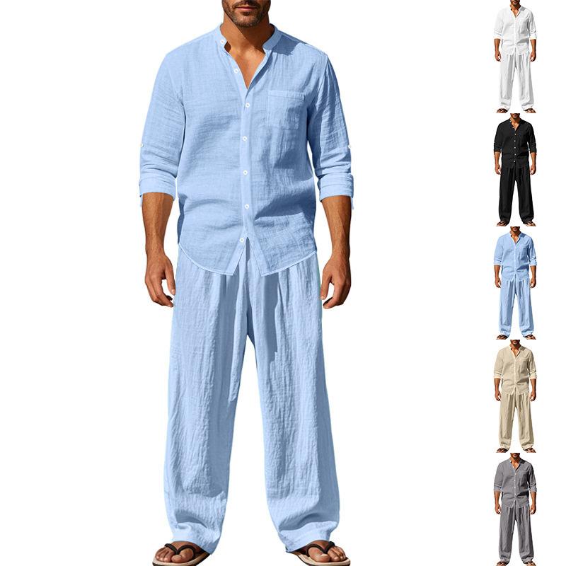 Men's All-season Linen Casual Two-piece Set: Loose-fitting, Comfortable and Breathable, Long-sleeved Top and Trousers