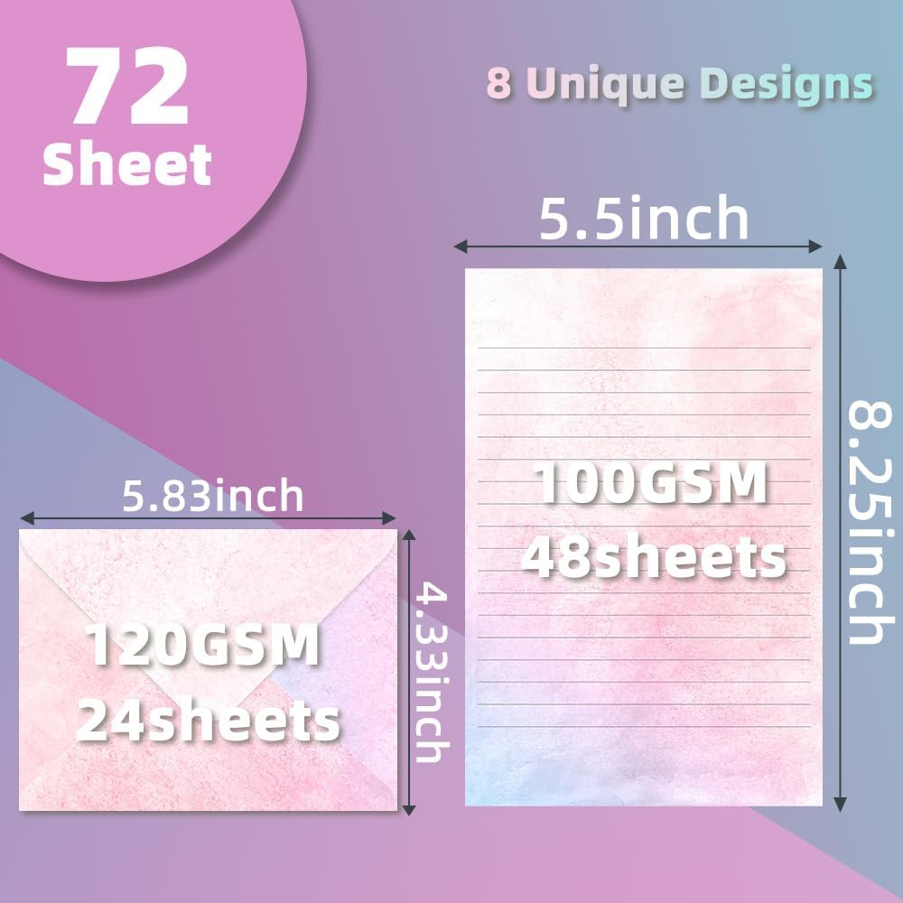 72 Pieces Stationery Set with Envelopes (48 Lined Watercolor Sheets + 24 Matching Envelopes), 8 Unique Designs, 5.5 x 8.25 inch Double Sided Printing