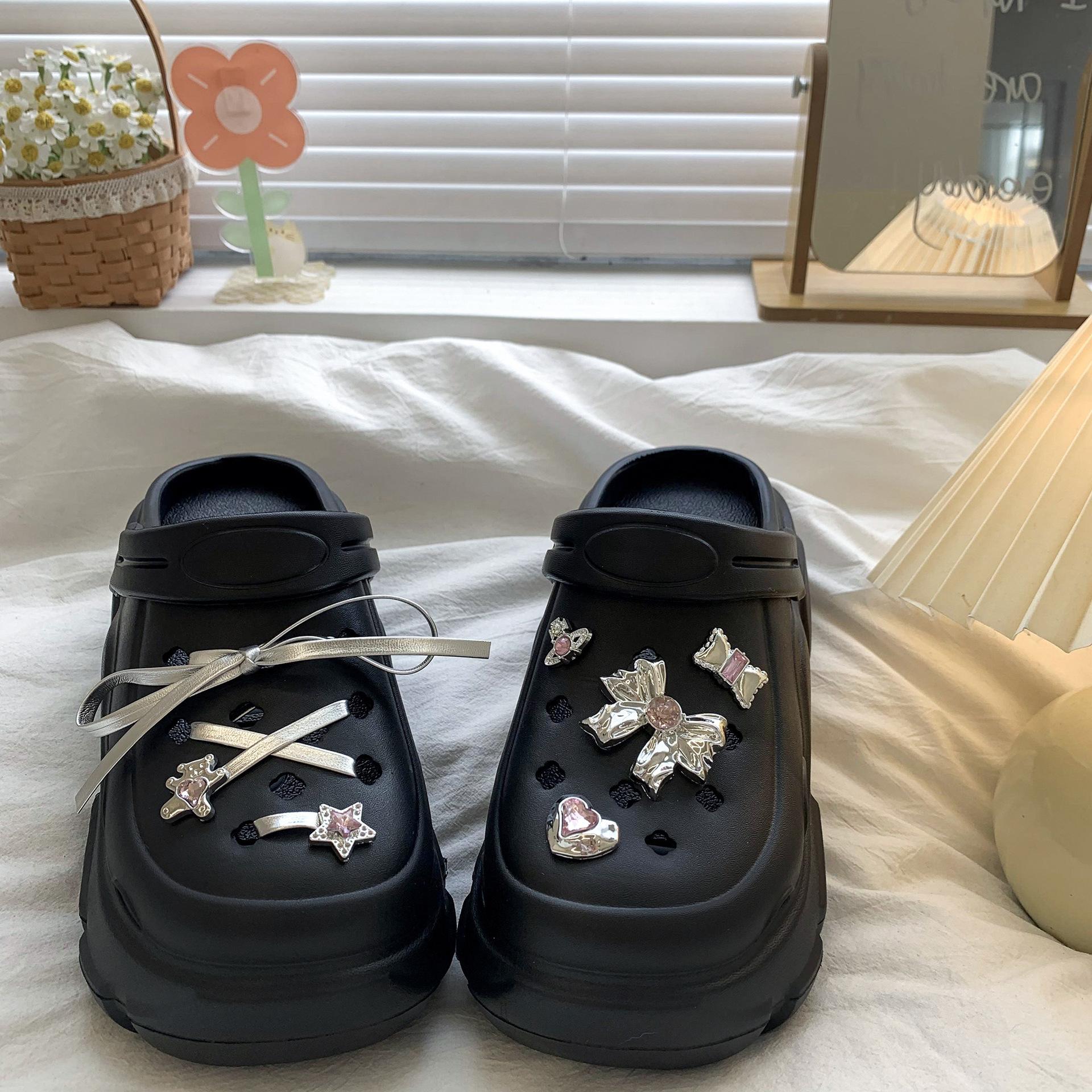 

Модные милые DIY бантики Модные клоги для женщин Домашние уличные тапочки Толстая подошва Женская летняя обувь Мягкие EVA Девочки Пляжные сандалии 36-37 чёрный