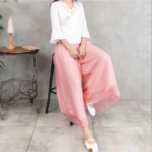 Letní Dámské Kalhoty Široké nohavice Culottes Kalhoty Žena Vysoký pas Tenký šifon Velké velikosti Ležérní Dámské Culottes