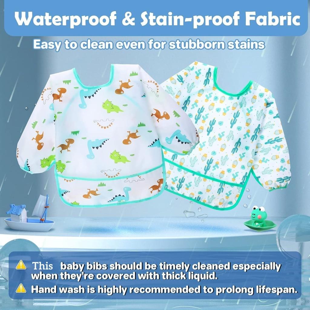 Long Sleeve Waterproof Bib Set 2 Pack Adjustable Size No Fluorescent Agent 6-36 Months Flamingo Cactus