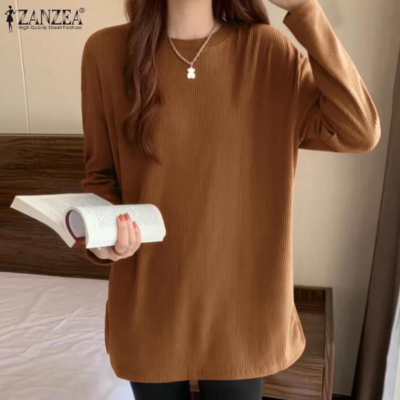 

ZANZEA Женская повседневная однотонная свободная блузка с длинным рукавом и круглым вырезом