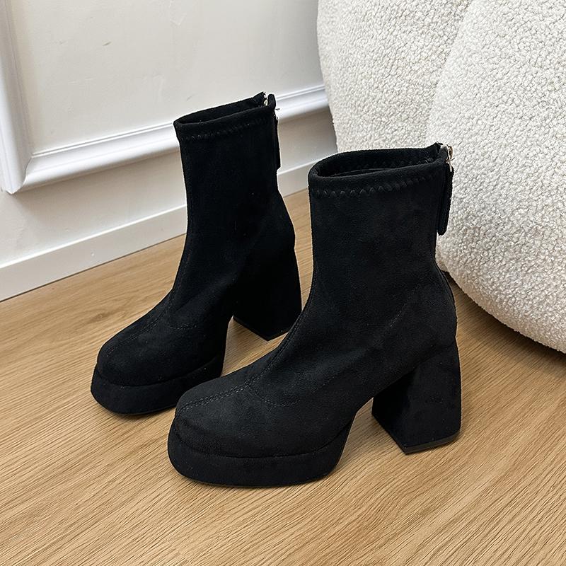 Winter Platform Thick Heels Woman Modern Ankle Boots Round Toe Party Dress Shoes Female Vintage Stretch Slim Short Booties