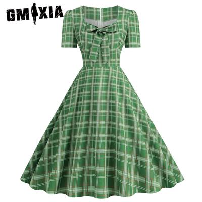 Women's Hepburn Style Square Neck Short Sleeve Bow Big Swing Polka Dot Vintage Dress