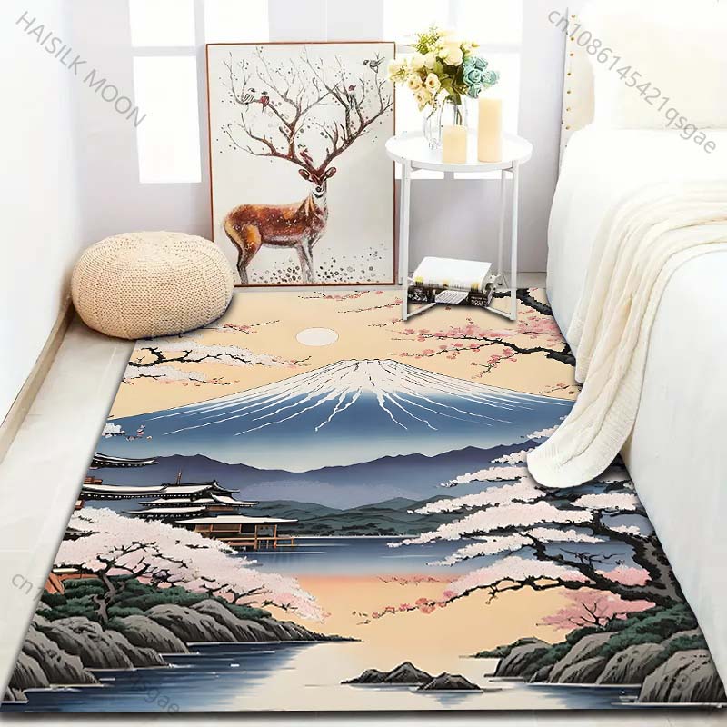 Mount Fuji Sakura Japanese Lake Scene Print Rug Carpets for Bedroom Living Room Sofa Mat Creative Door Mat Cloakroom Home Decor