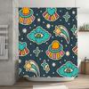 Space Cartoon Shower CurtainOuter Space Decor for Bathroom with Alien Eyes and UFOs Waterproof Fabric in Navy Blue, Yellow, Pink