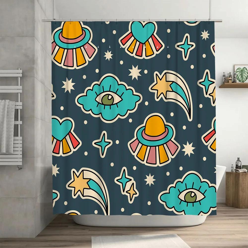 Space Cartoon Shower CurtainOuter Space Decor for Bathroom with Alien Eyes and UFOs Waterproof Fabric in Navy Blue, Yellow, Pink